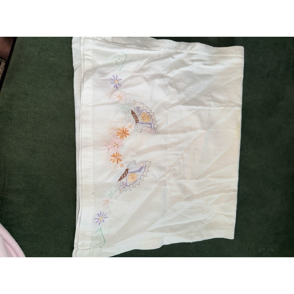 Vintage Hand Embroidered Dresser Scarf Table Runner Butterfly Linen 52"x16"